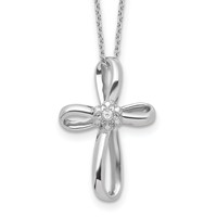 Sterling Silver Rhodium-plated Ribbon Cross Necklace with Diamond, 18" view 1