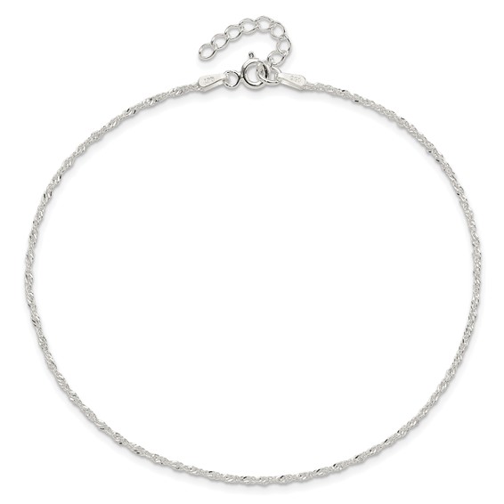 Sterling Silver 1.3mm Singapore Chain 9 inch Plus 1 inch Extender - Total 10 inch Anklet