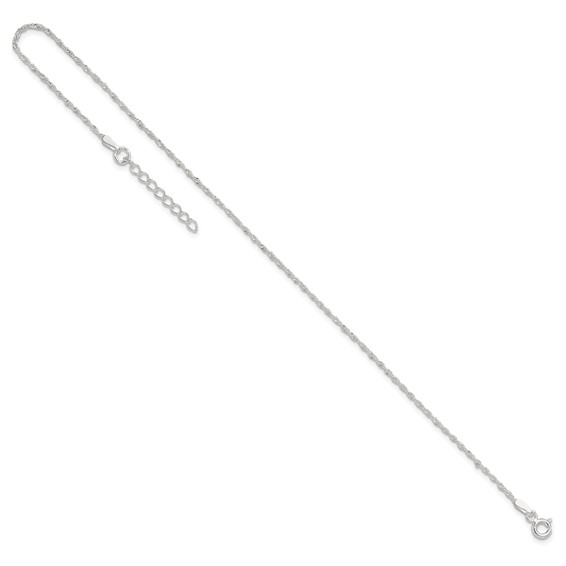 Sterling Silver 1.3mm Singapore Chain 9 inch Plus 1 inch Extender - Total 10 inch Anklet