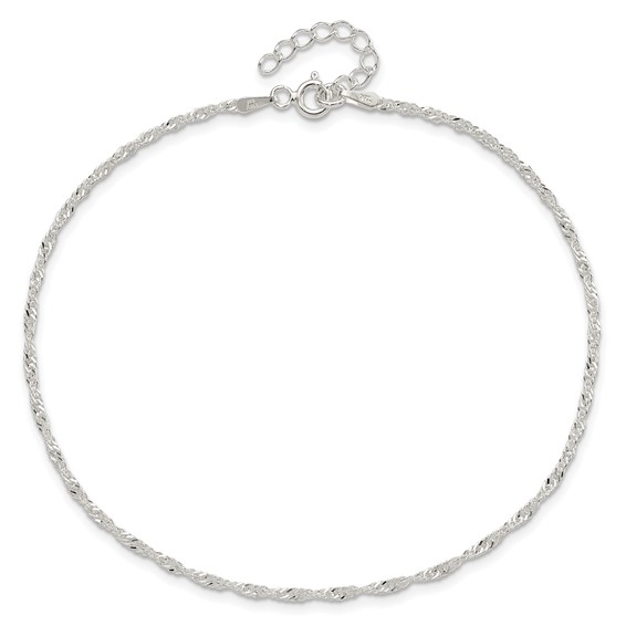 Sterling Silver 1.5mm Singapore Chain 9 inch Plus 1 inch Extender - Total 10 inch Anklet