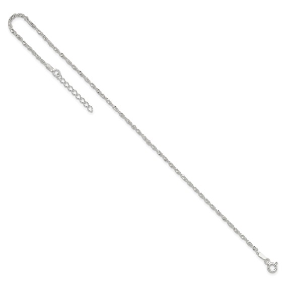 Sterling Silver 1.5mm Singapore Chain 9 inch Plus 1 inch Extender - Total 10 inch Anklet