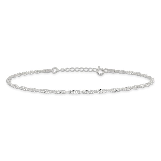 Sterling Silver 2mm Singapore Chain 9 inch Plus 1 inch Extender Chain - Total 10 inch Anklet