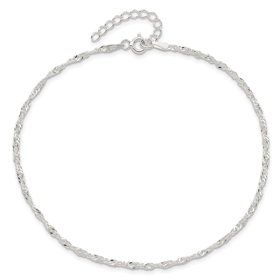 Sterling Silver 2mm Singapore Chain 9 inch Plus 1 inch Extender Chain - Total 10 inch Anklet