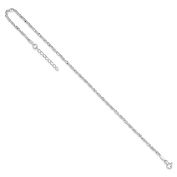 Sterling Silver 2mm Singapore Chain 9 inch Plus 1 inch Extender Chain - Total 10 inch Anklet