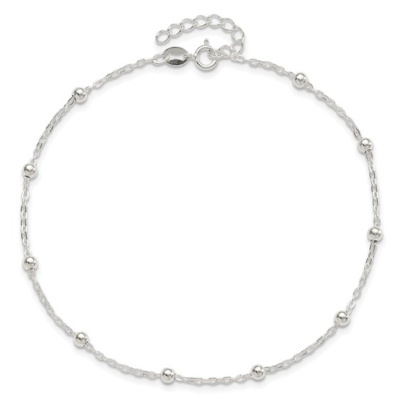 Sterling Silver 1mm Beaded Chain 9 inch Plus 1 inch Extender - Total 10 inch Anklet