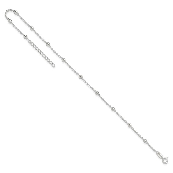 Sterling Silver 1mm Beaded Chain 9 inch Plus 1 inch Extender - Total 10 inch Anklet