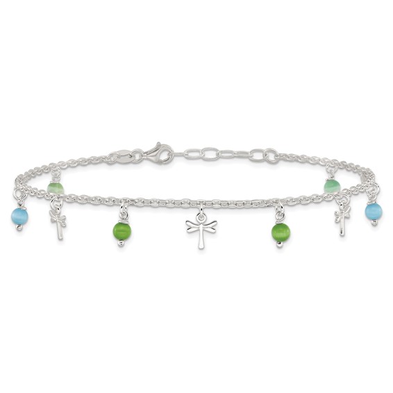 Sterling Silver Dragonfly with Aqua and Green Beads 10 inch Plus 1 inch Extender - Total 12 inch Anklet
