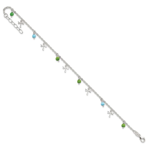 Sterling Silver Dragonfly with Aqua and Green Beads 10 inch Plus 1 inch Extender - Total 11 inch Anklet