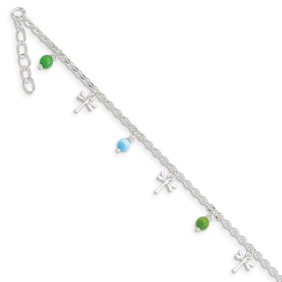 Sterling Silver Dragonfly with Aqua and Green Beads 10 inch Plus 1 inch Extender - Total 12 inch Anklet