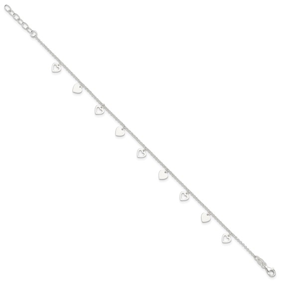 Sterling Silver Double Heart 9 inch Plus 1 inch Extender - Total 10 inch Anklet