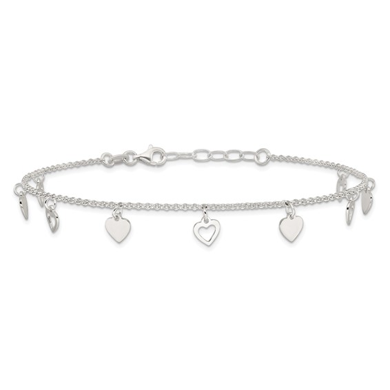 Sterling Silver Double Heart 9 inch Plus 1 inch Extender - Total 10 inch Anklet