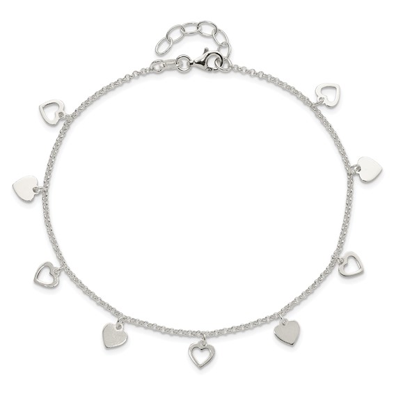 Sterling Silver Double Heart 9 inch Plus 1 inch Extender - Total 10 inch Anklet