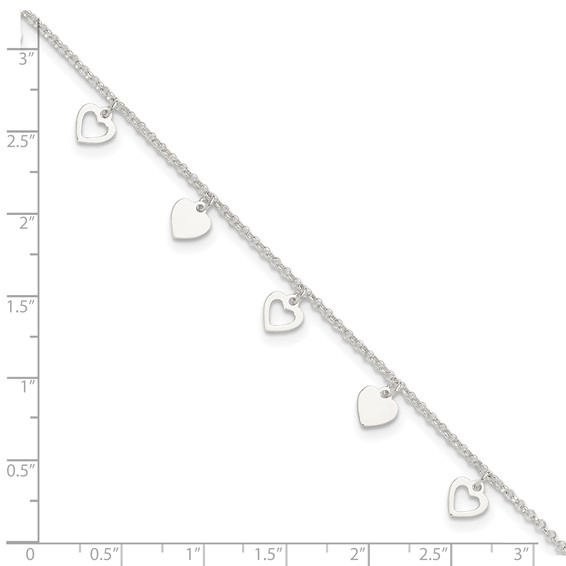 Sterling Silver Double Heart 9 inch Plus 1 inch Extender - Total 10 inch Anklet