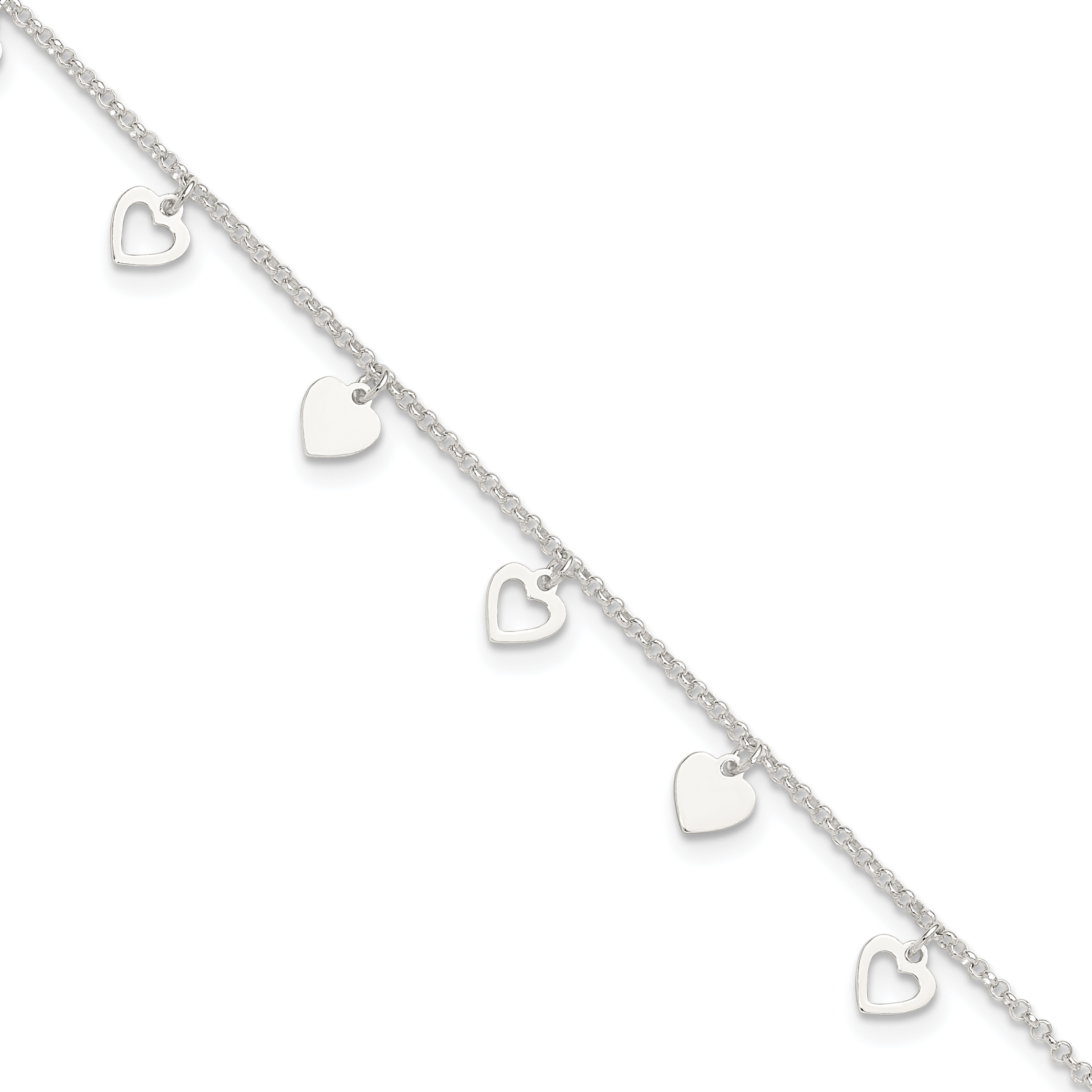 Sterling Silver Polished Hearts 9in Plus 1in Ext. Anklet (QG2143-10)