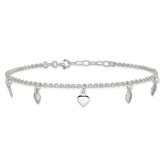 Sterling Silver Polished Hearts Anklet