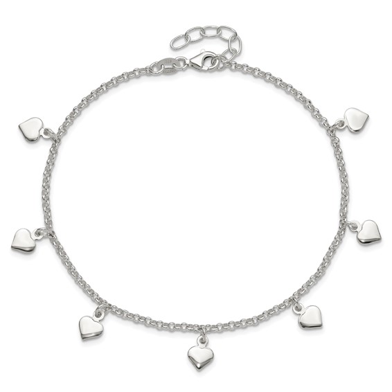 Sterling Silver Polished Hearts Anklet