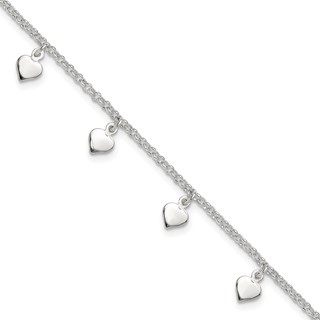 Sterling Silver Polished Hearts Anklet