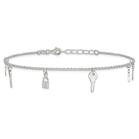 Sterling Silver Lock and Key 10 inch Plus 1 inch Extender - Total 11 inch Anklet