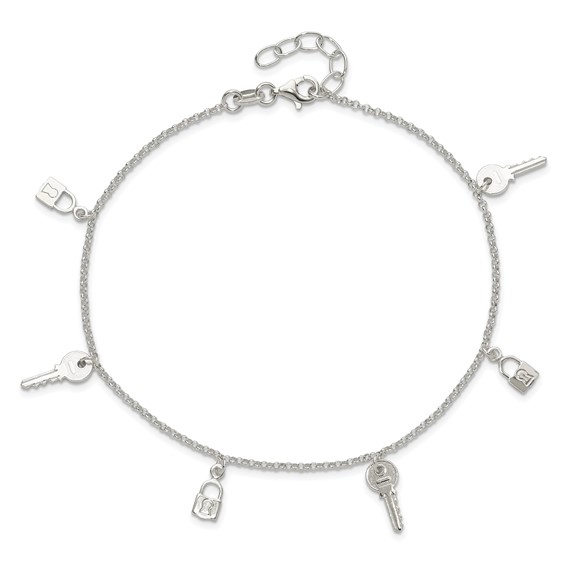 Sterling Silver Lock and Key 10 inch Plus 1 inch Extender - Total 11 inch Anklet
