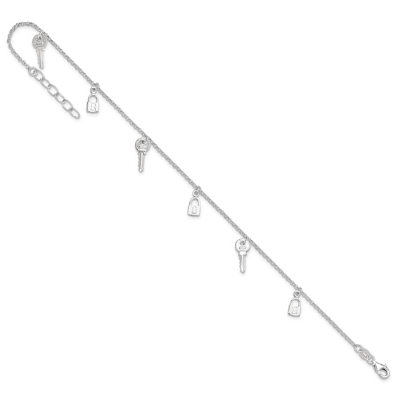Sterling Silver Lock and Key 9 inch Plus 1 inch Extender - Total 10 inch Anklet
