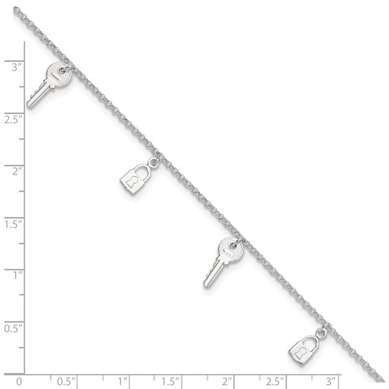 Sterling Silver Lock and Key 9 inch Plus 1 inch Extender - Total 10 inch Anklet
