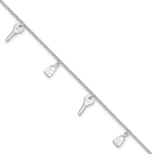 Sterling Silver Lock and Key Plus 1 Inch Extender - Total 10 Inch Anklet, 9"