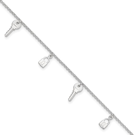 Sterling Silver Lock and Key 10 inch Plus 1 inch Extender - Total 11 inch Anklet