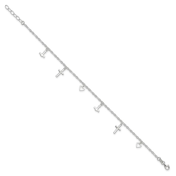 Sterling Silver Cross/Heart/Anchor 9 inch Plus 1 inch Extender - Total 10 inch Anklet