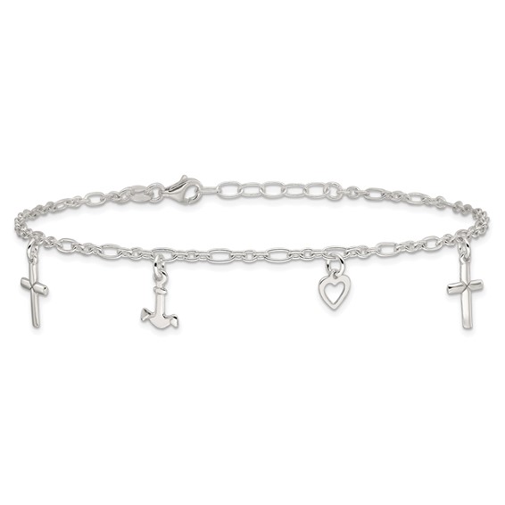 Sterling Silver Cross/Heart/Anchor 9 inch Plus 1 inch Extender - Total 10 inch Anklet
