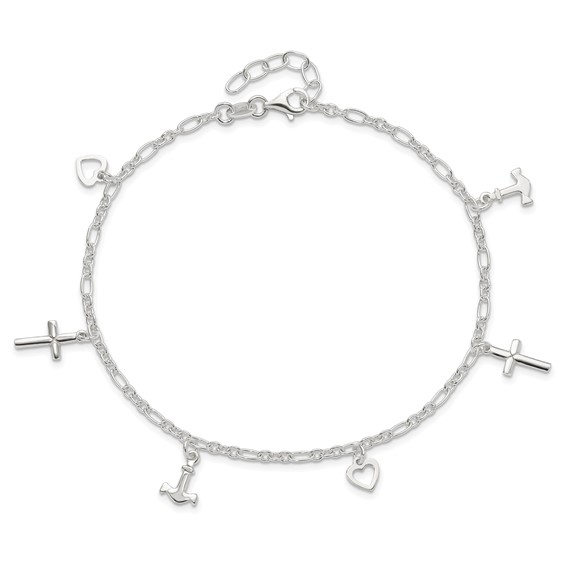 Sterling Silver Cross/Heart/Anchor 9 inch Plus 1 inch Extender - Total 10 inch Anklet