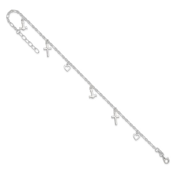 Sterling Silver Cross/Heart/Anchor 9 inch Plus 1 inch Extender - Total 10 inch Anklet