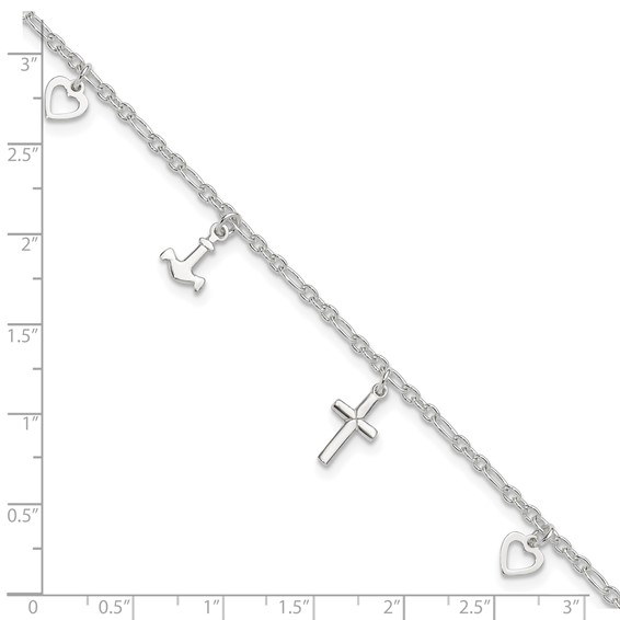 Sterling Silver Cross/Heart/Anchor 9 inch Plus 1 inch Extender - Total 10 inch Anklet
