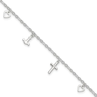 Sterling Silver Cross/Heart/Anchor 10 inch Plus 1 inch Extender - Total 11 inch Anklet