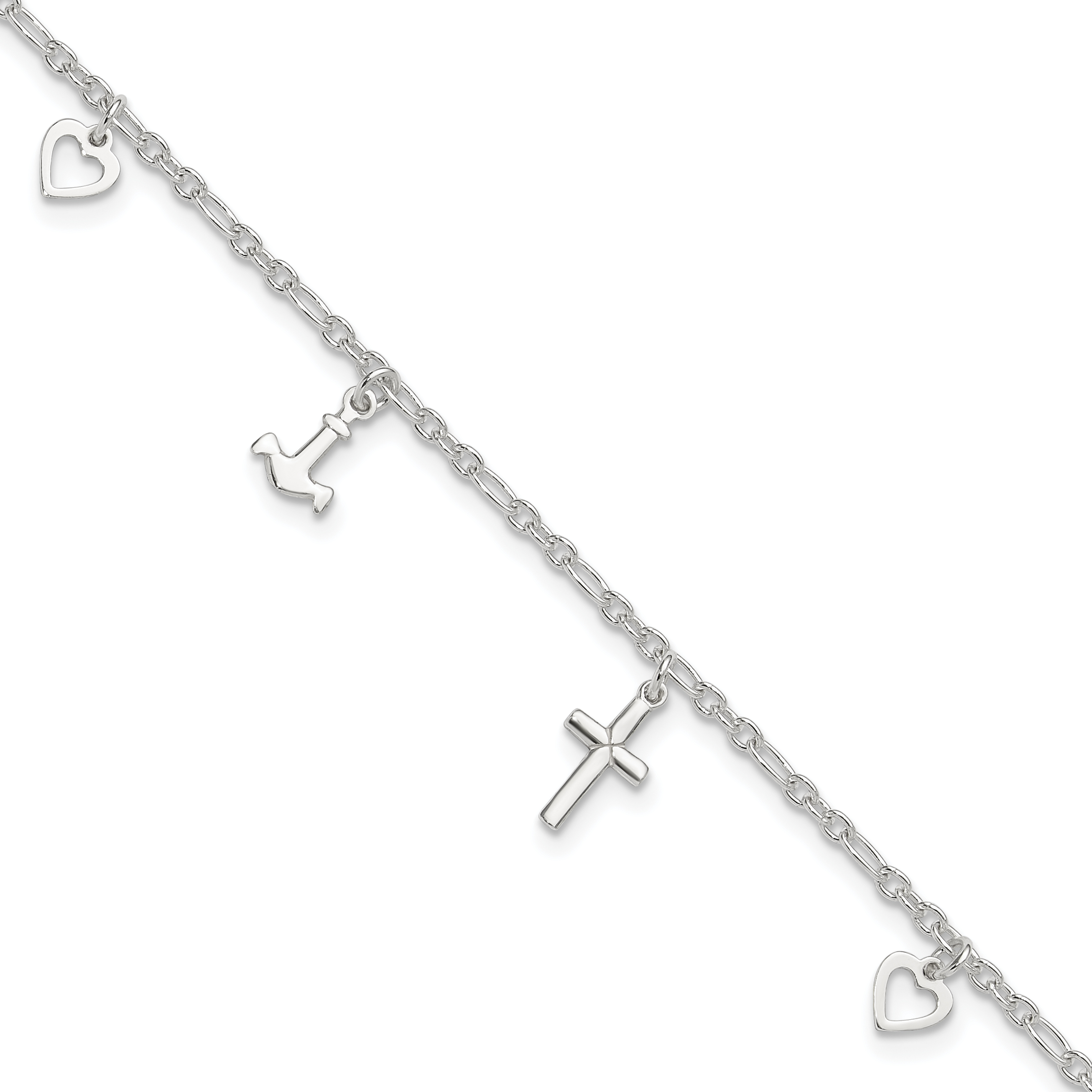 Sterling Silver Cross Heart and Anchor 9in Plus 1in ext Anklet (QG2149-10)