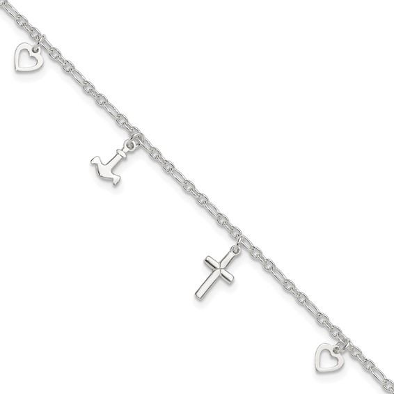 Sterling Silver Cross/Heart/Anchor 9 inch Plus 1 inch Extender - Total 10 inch Anklet