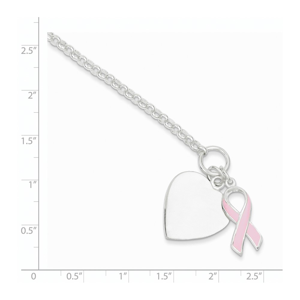 Sterling Silver Fancy Engraveable Heart with Pink Ribbon Bracelet (QG2171-7.5)