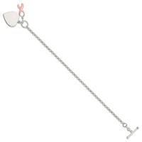 Sterling Silver Engravable 24x 20mm Heart Charm Bracelet with Pink Enameled Awareness Ribbon Toggle, 7.5" view 2