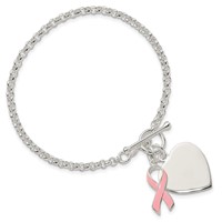 Sterling Silver Engravable 24x 20mm Heart Charm Bracelet with Pink Enameled Awareness Ribbon Toggle, 7.5" view 3