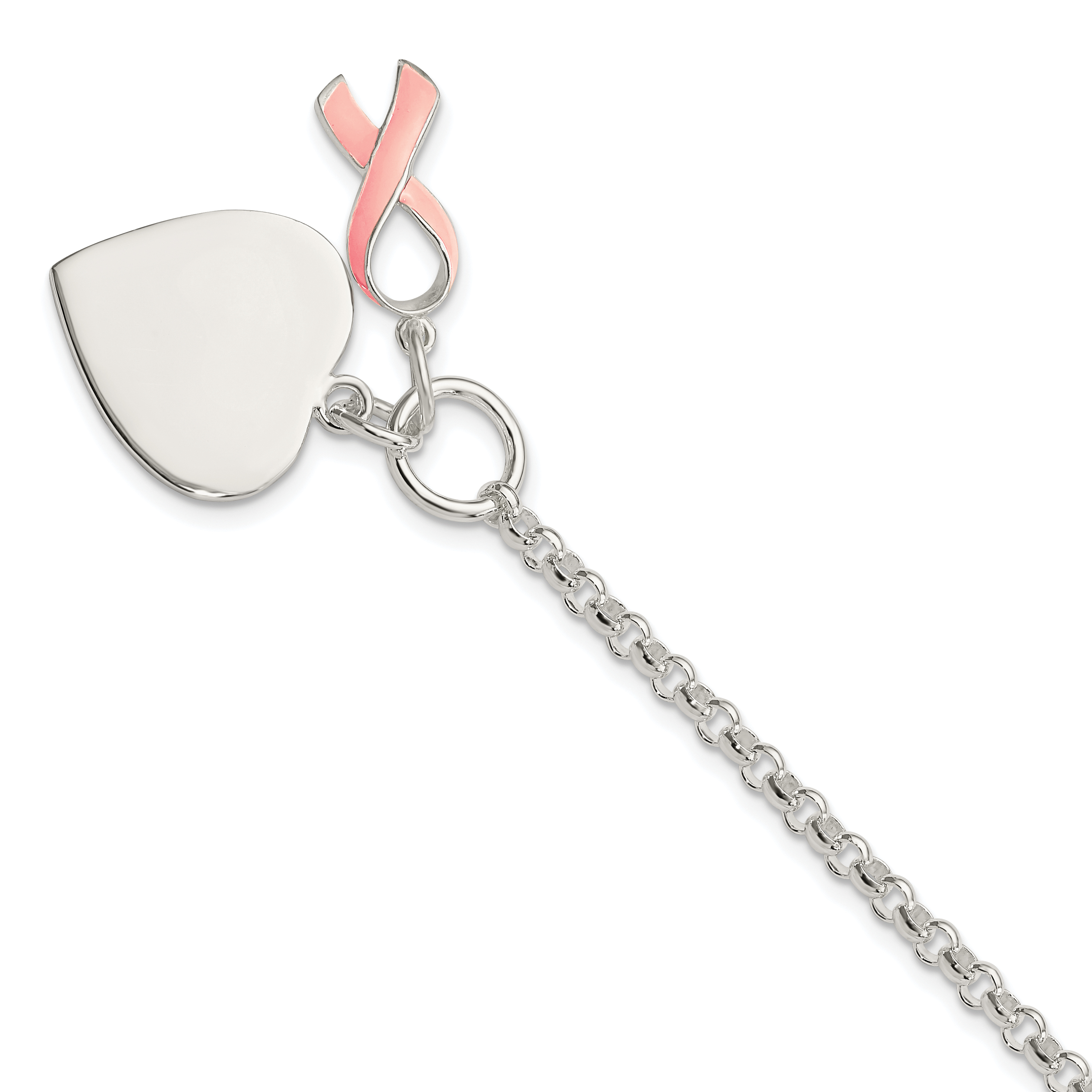 Sterling Silver Fancy Engraveable Heart with Pink Ribbon Bracelet (QG2171-7.5)