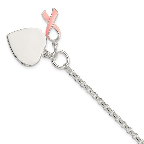 Sterling Silver Engravable 24x 20mm Heart Charm Bracelet with Pink Enameled Awareness Ribbon Toggle, 7.5"