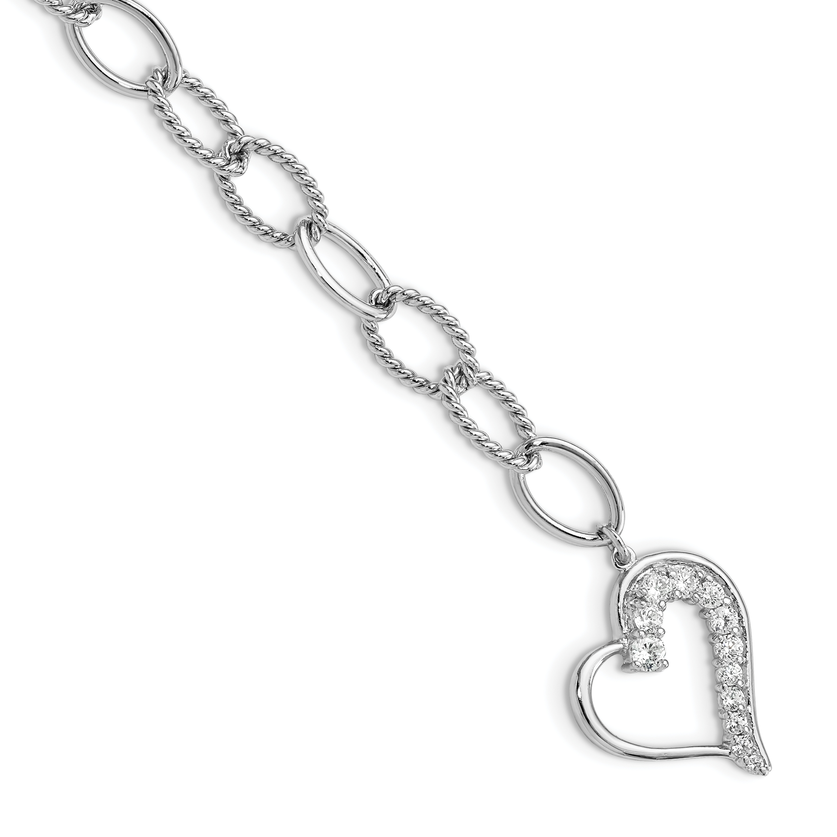 Sterling Silver Rhodium Plated Journey Heart CZ Dangle Bracelet (QG2178-7.5)