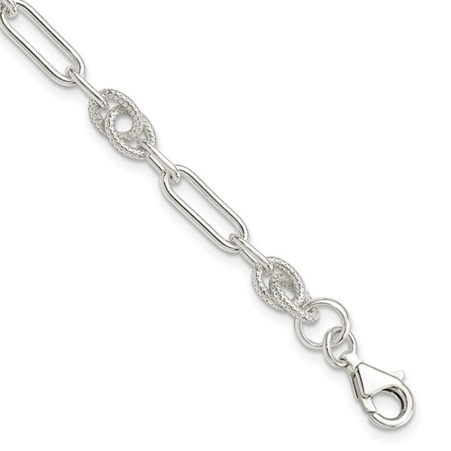 Sterling Silver Fancy Textured Double and Paperclip Link Bracelet, 7.5"