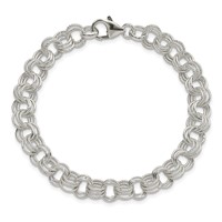 Sterling Silver Polished and Textured 8mm Solid Triple Link Charm Bracelet, 7.5" view 3