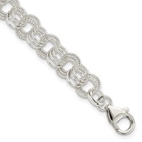 Sterling Silver Polished and Textured 8mm Solid Triple Link Charm Bracelet, 7.5" view 1
