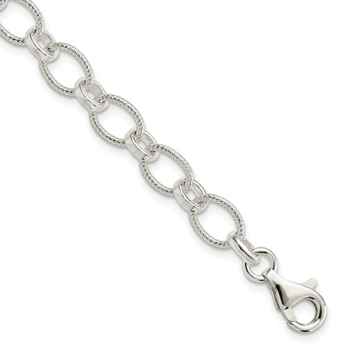 Sterling Silver Polished and Textured 7mm Fancy Cable Link Bracelet, 7.5"