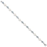 Sterling Silver Rhodium-plated Blue CZ and White Freshwater Cultured Pearl Bracelet, 7" view 2