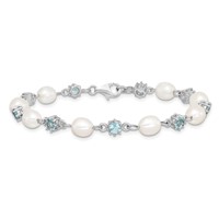Sterling Silver Rhodium-plated Blue CZ and White Freshwater Cultured Pearl Bracelet, 7" view 4