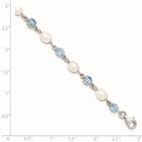 Sterling Silver Rhodium-plated Blue CZ and White Freshwater Cultured Pearl Bracelet, 7" view 5