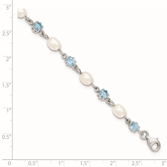 Sterling Silver Rhodium Blue CZ FW Cultured Pearl Bracelet
