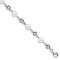 Sterling Silver Rhodium-plated Blue CZ and White Freshwater Cultured Pearl Bracelet, 7" view 1